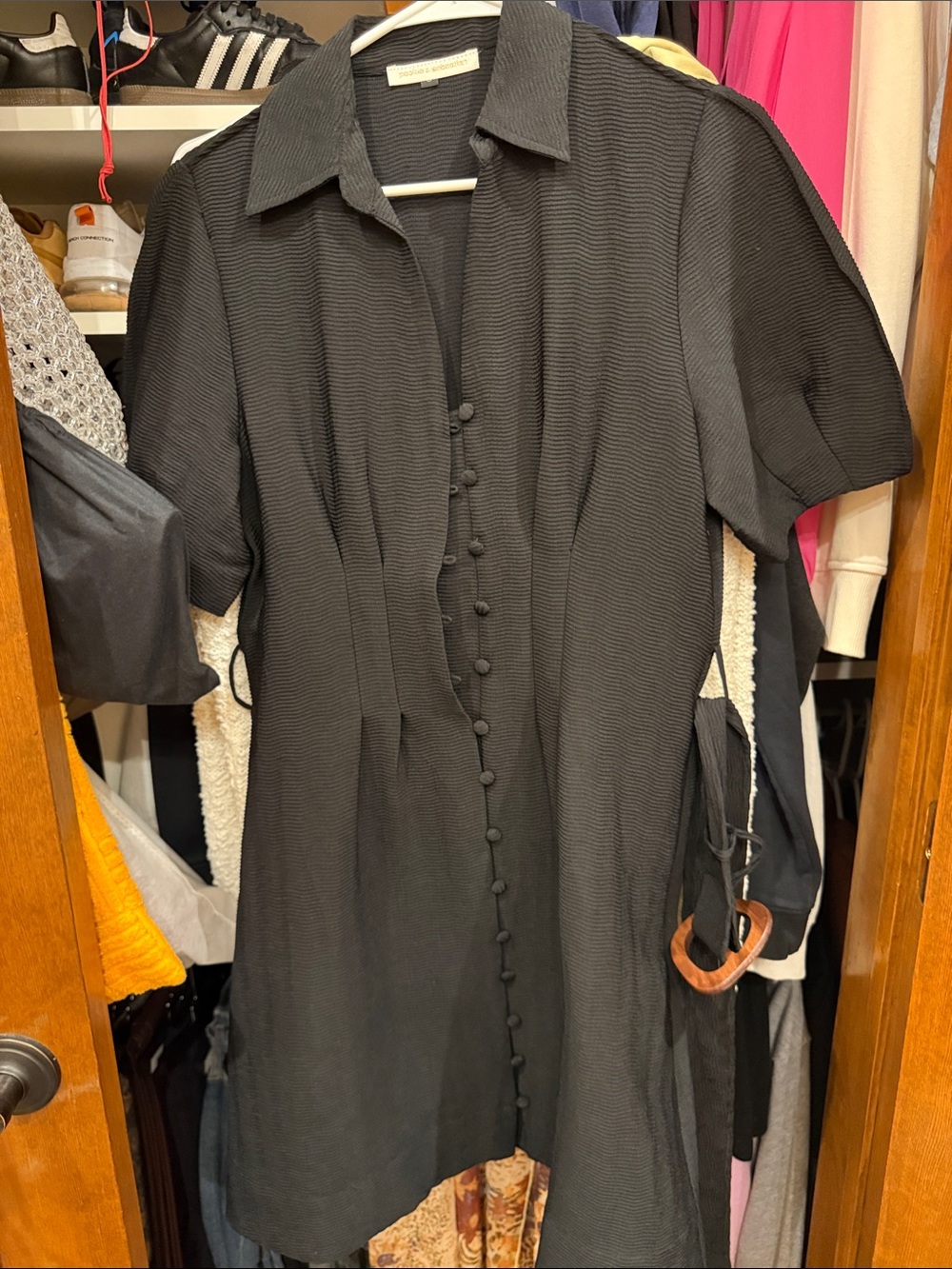 Classic Black Midi Shirt Dress with Covered Buttons by